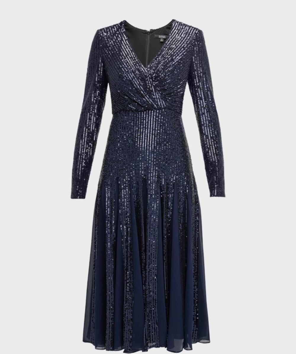 Badgley Mischka Long-Sleeve Sequin Godet Midi Dress in Navy Size 4
